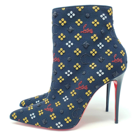 Christian Louboutin LOGO CL So Kate  Heels Black Embroidered Ankle Boots EU 38.5 - Picture 3 of 10